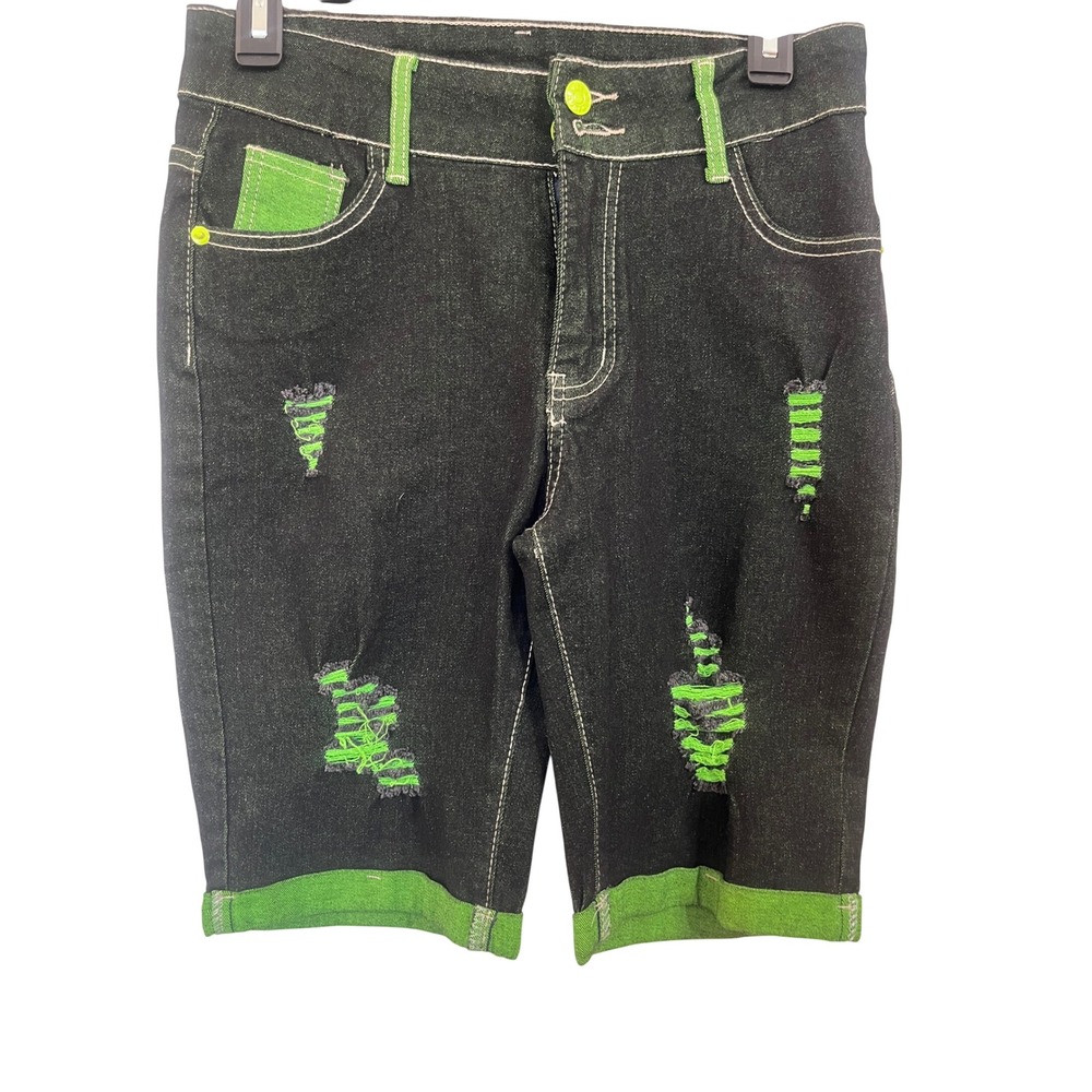 Kids Distressed‎ Denim Shorts Black Lime Green Neon Contrast Cuffed Size L